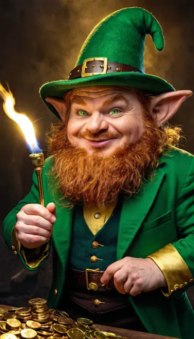 A Irish leprechaun with the following description he is fat little and pot-bellied he has a phosphorescent green goblin hat he has big round yellow eyes that shine in the night, They serve him as flashlights . Because he only appears at night, he looks very fierce but his heart is very good, he has a chest of gold coins, small and shiny and most importantly his fingers are normal only one finger is very long and he uses it to point and as a magic rod .