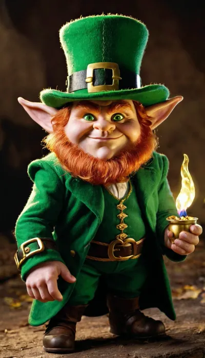 A Irish leprechaun with the following description he is fat little and pot-bellied he has a phosphorescent green goblin hat he has big round yellow eyes that shine in the night, They serve him as flashlights . Because he only appears at night, he looks very fierce but his heart is very good, he has a chest of gold coins, small and shiny and most importantly his fingers are normal only one finger is very long and he uses it to point and as a magic rod .
