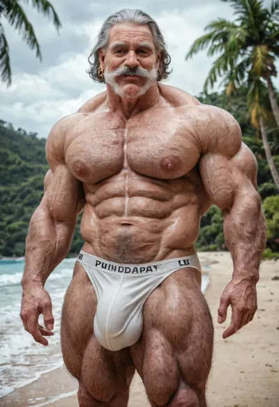 A sexy beefy old grandpa, 60yo, Grey hair, Grey silver hairy body, hairy face, big thick mustache, geey hairs, big muscles grandpa, strings jawline, big pecs, big bulge, big booty butt, enormous flaccid cock, big hangging balls, standing on white sand, lovely beach, palms trees