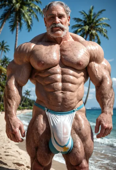 A sexy beefy old grandpa, 60yo, Grey hair, Grey silver hairy body, hairy face, big thick mustache, geey hairs, big muscles grandpa, strings jawline, big pecs, big bulge, big booty butt, enormous flaccid cock, big hangging balls, standing on white sand, lovely beach, palms trees