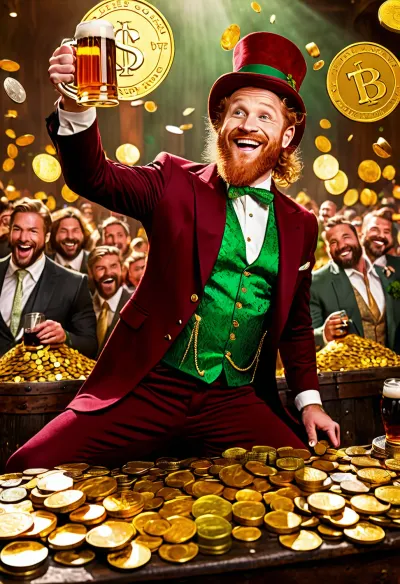 Modern colored pencil sketch {, (leprechaun:1.3), red beard, (dark red suit:1.2), dark red top hat, leather belt, gold chain, (two beer mugs in hands:1.3), (many gold coins:1.5), (coins flying in the air:1.3), happy expression, smile, close-up, (dynamic pose:1.2), (barrels:1), (emerald city:.9), fantasy, digital painting, hyper-detail, photorealism, cinematic lighting, light from gold, bright colors, deep focus, high detail, (masterpiece:1.2), (Art Station:1.1), 8k, clothing texture, beard texture, skin texture}, contrast, tone, texture, details, stylish, elegant