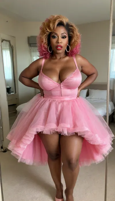 Ebony, sexy granny mature, sexy 75 years old, ginger, long wave hair, messy hair, super horny and hot, chubby, wide hips, huge culottes, very perky boobs, huge tits, very tall, naught sexy super orgasm face, selfie, glamour, make up, lipstick, huge hoop earrings, full body view, looking at the mirror, at the fancy hotel room, pointed stilettos, looking at the camera, thick legs, very horny orgasm face looking at the camera, wearing a pink ballet outfit with big tutu