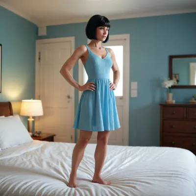 sundress, dancing, front view, she's a muscular woman, bedroom, bob haircut and bangs, black-haired, blue-eyed, voxel graphics, tanned cutie, full-length