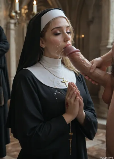 beautiful nun, adult, 35 years, blonde, (side parting:1.4), (hair over left shoulder), (long lashes:1.1), (made up:1.2), (tattoo on chest:1.2), (praying:1.4), (surrounded by priests:1.4), (bukkake:1.3), (blowbang:1.2), (gigantic cocks:1.2), (flaccid cocks:1.2), ((fully clothed)), church, romantic church, (candle light:1.4), ((3/4 view))