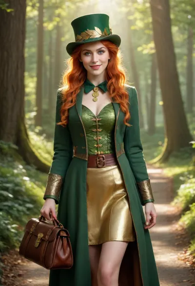 Color sketch style. A bright and beautiful female leprechaun with long curly red hair, (pointy elf ears:1.3), wearing, (a green top hat decorated with leaves:1.3), (green jacket:1.3), gold vest with gold buttons, (and flowing green skirt:1.4), (holding an open brown leather bag full of gold coins in her right hand:1.4), smiling broadly in an enchanted forest with tall trees and dappled sunlight. Digital painting, fantasy art, intricate details Soft golden hour light, dappled sunlight, volumetric lighting Medium shot, portrait composition Happy facial expression, charming, festive, magical, detailed clothing, lush greenery, sunbeams, atmospheric perspective