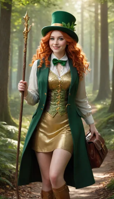 Color sketch style. A bright and beautiful female leprechaun with long curly red hair, wearing a green top hat decorated with leaves, a green jacket, a gold vest with gold buttons, and a flowing green skirt, ((holding an exquisite gold staff in her right hand:1.3)), ((and in her left hand a brown leather satchel)), smiling broadly in an enchanted forest with tall trees and dappled sunlight. Digital painting, fantasy art, intricate details Soft golden hour light, dappled sunlight, volumetric lighting Medium shot, portrait composition Happy facial expression, charming, festive, magical, detailed clothing, lush greenery, sunbeams, atmospheric perspective