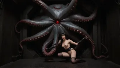 masterpiece, best quality, highly detailed, epic, gorgeous, film grain, 1 woman 1 monster, the scene is inside a large hangar bay of a 1930 Flash Gordon style spaceship, steel blue metal plates are forming the walls, connected with nuts and bolts, a metal grid floor, with thick steam coming up from below, in the background a large hand wheel, it is attached to the rear wall, next to a big octagonal pressure door wide open, with lots of bolts, the pressure door is wide open, swinging outside and it is made from thick layers of steel, the open door gives view to an alien planet with purple atmosphere, through the open pressure door a huge monster with three eyes is entering the hangar, the monster's skin is gray green, it has slimy skin, its eyes are glowing red, its body is covered with red pimples, the monster pressing itself inside through the pressure door, the monster is staring at a nude young woman lying on the floor in front of it, the woman has sweaty skin and is shaken from fear, she has large round breasts with hard nipples, she has long black hair Betty Page pony, she wears 1950's pinup makeup, the woman wears black stockings, a black latex garter belt, long black gloves and high heel boots, the the woman is screaming in panic and horror, the monster is holding the woman's legs and breasts with its curled tentacles, squid, octopus, curled, <lora:polyhedron_tentacles-000005:.8>, z3rg, monster, tentacle, <lora:derv-z3rg-SDXL-CIVIT:.8>
