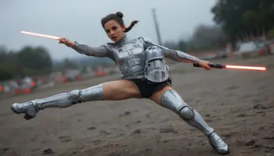 Best Award winning photo, ((1girl is visibleon foreground)), ((4_Stormtroopers from Star Wars is visible on background)), Stunning_Beauty, Caucasian, 18yo, 1girl, full body, (curvy, petite, gymnastic body:1.3), shaped slim legs, thin waist, perfect onion booty ass, (small plump, flat-chest, muscular abs), (highly detailed, bright, blue, sharp, glossy eyes, matte skin, pores, wrinkles, sharpness, crystal clear, cute, narrow, detailed realistic face), (detailed hands), (detailed fingers), (brown hair two big cinnamon buns), (girl dressed in long black leather coat, long sleeve, black thigh-high boots, Daring, metal black armor panties), (1girl holds only one red lightsaber in both hands), (Rim Light, lightsaber pointed at viewer), ((Soft Glow, only one lightsaber is visible in the frame)), wide spread legs, knees bent, ((dynamic pose:1.8), jumping:1.8), ((Stormtroopers full dressed on Stormtrooper_white_armor_from_Star_Wars)), .

On Dystopian black Background, heavy mist, dark gritty aesthetics, futuristic elements, sense of oppressive atmosphere, dark, rich, Deep shadows, somber, muted, obscure, Wide angle, chaotic cabin in background, enhanced details, dynamic beauty of the scene.

Neon, bright, luminous, wide range of tones, Neon glow, vibrant colored lights reflecting on the character's face, faint accent lights, best shadows, Dramatic light, cold and mystical atmosphere, eye catching composition, very aesthetic, intricate, elegant, newest, emptiness, spaciousness.

Photo of the most beautiful artwork in the world, professional majestic photography, masterpiece, artstation, concept art, best quality, amazing quality, highly detailed, ultra detailed, Super realism, cinematic, clear image.

64K, HDR, UHD, film_grain, score_9, score_8_up, score_7_up, score_6_up, score_5_up, score_4_up, Ultra-high resolution, Super high resolution, Professional quality, Hyper-detailed, Meticulous, Photorealistic, Photography realistic, Hyperrealistic, Golden ratio, Bright, ethereal, Gold, silver, black, purple.

Leica M10, dslr, Wide-Angle Lens 35mm, full shot, wide angle action scene, foreshortening, (Dutch angle:1.2), interesting angle, (Zoom out:2), ((full length photo:2)), (sharp focus), (forced zoom out:1.8), (depth of field:1.75), (not close up), vast scenery, small aperture, maximum sharpness, (High-angle perspective), (extreme forced dramatic perspective:.75), (sharp focus on girls face), Knee Level Shot.

Stunning_Beauty, mad-cttrs, detailxl, <lora:add-detail-xl:2>, <lora:Stunning_Beauty_XL-000009:2>, <lora:xl_more_art-full_v1:2>, <lora:Neon_Cyberpunk_SDXL_Cutters:2>, <lora:Adjust_SDXL_v3.0:2>