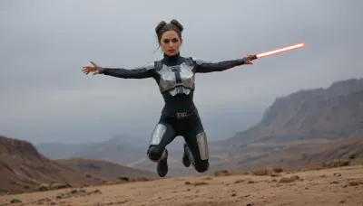 Best Award winning photo, ((1girl is visible on foreground)), ((4_Stormtroopers from Star Wars is visible in frame)), Stunning_Beauty, Caucasian, 18yo, 1girl, full body, (looking at viewer:1.7), (curvy, petite, gymnastic body:1.3), shaped slim legs, thin waist, perfect onion booty ass, (small plump, flat-chest, muscular abs), (highly detailed, bright, blue, sharp, glossy eyes, matte skin, pores, wrinkles, sharpness, crystal clear, cute, narrow, detailed realistic face), (detailed hands), (detailed fingers), (brown hair two big cinnamon buns), (girl dressed in long black leather coat, long sleeve, black thigh-high boots, Daring, metal black armor panties), (1girl holds only one red lightsaber in both hands), (Rim Light, lightsaber pointed at viewer), ((Soft Glow, only one lightsaber is visible in the frame)), wide spread legs, knees bent, ((dynamic pose:1.8), jumping:1.8), ((Stormtroopers full dressed on Stormtrooper_white_armor_from_Star_Wars)), .

On Dystopian black Background, heavy mist, dark gritty aesthetics, futuristic elements, sense of oppressive atmosphere, dark, rich, Deep shadows, somber, muted, obscure, Wide angle, chaotic cabin in background, enhanced details, dynamic beauty of the scene.

Neon, bright, luminous, wide range of tones, Neon glow, vibrant colored lights reflecting on the character's face, faint accent lights, best shadows, Dramatic light, cold and mystical atmosphere, eye catching composition, very aesthetic, intricate, elegant, newest, emptiness, spaciousness.

Photo of the most beautiful artwork in the world, professional majestic photography, masterpiece, artstation, concept art, best quality, amazing quality, highly detailed, ultra detailed, Super realism, cinematic, clear image.

64K, HDR, UHD, film_grain, score_9, score_8_up, score_7_up, score_6_up, score_5_up, score_4_up, Ultra-high resolution, Super high resolution, Professional quality, Hyper-detailed, Meticulous, Photorealistic, Photography realistic, Hyperrealistic, Golden ratio, Bright, ethereal, Gold, silver, black, purple.

Leica M10, dslr, Wide-Angle Lens 35mm, full shot, wide angle action scene, foreshortening, (Dutch angle:1.2), interesting angle, (Zoom out:2), ((full length photo:2)), (sharp focus), (forced zoom out:1.8), (depth of field:1.5), (not close up), vast scenery, small aperture, maximum sharpness, (High-angle perspective), (extreme forced dramatic perspective:.25), (sharp focus on girls face:1.8), Knee Level Shot.

Stunning_Beauty, mad-cttrs, detailxl, <lora:add-detail-xl:2>, <lora:Stunning_Beauty_XL-000009:2>, <lora:xl_more_art-full_v1:2>, <lora:Neon_Cyberpunk_SDXL_Cutters:2>, <lora:Adjust_SDXL_v3.0:2>