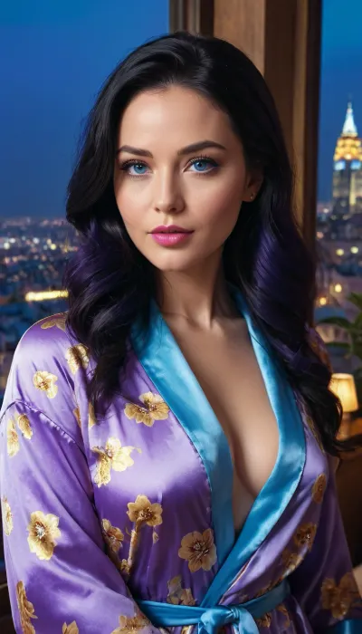1 young woman, 35 years old, flower face, complex detailed face, open blue robe, long black hair, (blue eyes:1.1), tiger print lips, big ass, smirk, exquisite, terribly expensive bedroom, relaxed sexual pose, purple neon night light, cityscape in the window, extremely detailed CG Unity 8k wallpaper, ultra vintage, 1950s, professional, crystal clear, masterpiece anime style, <lora:outline_xl_kohaku_delta_spv5x:.8>, <lora:xl_more_art-full_v1:.8>, <lora:add-detail-xl:.8>