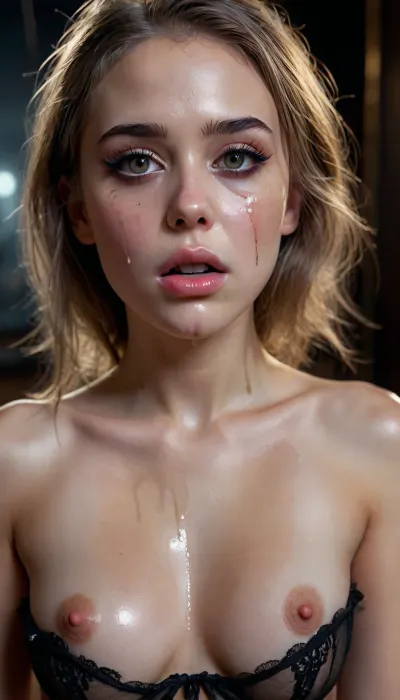 young girl frightened and embarrassed, tears in eyes, running makeup, cum drips from nose, cum drips from mouth, black pupils, puffy lips, black transparent bra, black tails, ghotic background, woman, cum, on, face, <lora:detailed_notrigger:.8>, <lora:DetailedEyes_V3:.8>, <lora:detailer-xl:.8>, <lora:JustCum:2>, perfect nipples