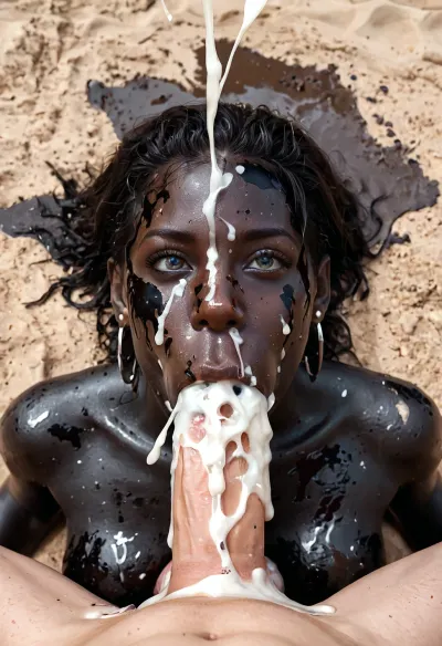 A 18 years old kenyan girl with absolutely black skin, ((((absolutely black skin girl)))), lying naked in dirty mud, (dirty mud), a white dick is fucking deep in her throat, (((deepthroa))), Showing her cum covered body. Her body, her face and her vagina is plastered with gallons of cum, (((gallons of cum))), (((cum explosion from vagina)))