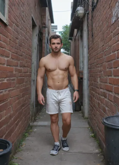 Attractive 20 year old Caucasian man. Hairy chest. Short brown hair, stubble, desolate expression, handsome. Shirtless, ripped and white shorts showing purple underwear. Standing with back against a dirty brick wall of a public men’s restroom with one leg bent at the knee and his foot on the wall. Sign on the door has the word MEN written on it. Night scene, light coming from inside open door. Lamp post, trees, concrete walkway. Trash, garbage cans, graffiti on walls, urban setting dusk sunset, abandoned brick building. Sneakers, <lora:Inata_Hot_Guys:.8>, <lora:712386_training_data:.8>