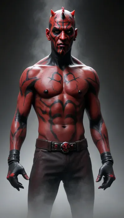 dark, ginger, demon, solo, (full body view of 1_man_Darth_Maul:2), from star wars, front view, (view from below:1.2), angry, fire, best quality, masterpiece, muscular body, 18yo, bald, red skin, ((wide eyed:1.7)), 64k, HDR, UHD, bright yellow eyes, ((red eye white)), ((red eyeballs)), ((glossy eyes:1.5)), yellow!!! spikes on head, ((shout:1.7)), (Big testicles:1.7), big penis, fit, [abs], standing, looking at viewer, approaching perfection, dynamic pose, (((nude body))), topless, bottomless, barefoot, (highly detailed, artstation, concept art), sharp focus.

RAW photo, light rays, highly detailed, melting skin, sacred geometry, surreal futurism, mysticism, a lot of hair, a whirlpool of the finest transparent beautiful smoke, hyper-detailed face, professional photo, realistic, high resolution.

On black Background, (heavy mist:2), dark gritty aesthetics, futuristic elements, sense of oppressive atmosphere, rich, Deep shadows, somber, obscure, Wide angle, enhanced details, Cool bright fluoriscent light inside the shooting range, dim warm colorful light outside the shooting range. Strong side neon red and blue light. Ambient UV light.

Photo of the most beautiful artwork in the world, professional majestic photography, artstation, concept art, amazing quality, ultra detailed, Super realism, cinematic, clear image.

64K, film_grain, score_9, score_8_up, score_7_up, score_6_up, score_5_up, score_4_up, Ultra-high resolution, Super high resolution, Professional quality, Hyper-detailed, Photorealistic, Photography realistic, Hyperrealistic, Golden ratio.

Leica M10, dslr, Wide-Angle Lens 35mm, ((sharp focus on face:1)), (masterpiece:1.9), (hyperdetailed, highest detailed:1), high resolution textures, Darth, Maul, <lora:Darth_Maul:2>