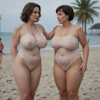 A souvenir photo, (((a skinny naked 20-year-old loser cuckold boy cum in their chastity and fishnet short))), ((a super sexy 45 year old white MILF mistress plump curvy mother with brown bobcut hair and a tall, chubby body in sheer swimsuit)), on the beach party, woman is angry, femdom mom, mistress mom, QOS, nice legs, thick arms, short neck, completely, nude, NSFW