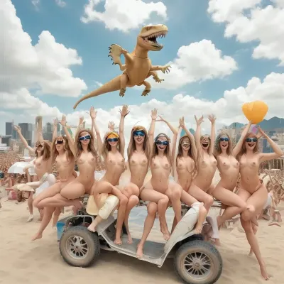 all girl naked concert on the clouds with a t-rex wearing sunglasses Five women sexy tan nude smiling women flying in shopping carts with cushions hair blown by strong wind, racing goggles and seven women doing YOGA