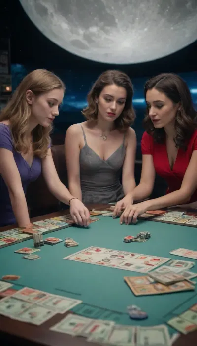 Four 30 year old women playing monopoly on the moon. The moon has a theme park located to the right and an aquarium to the left of the game