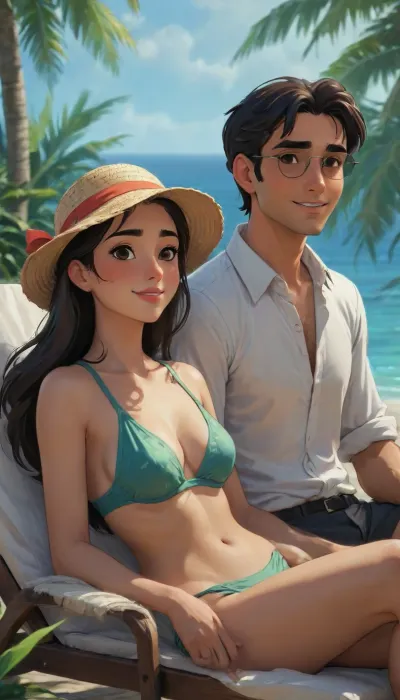 A anime illustration of an, (indian couple), husband and wife, detailed anime style, soft muted colors, expressive anime textures, fine anime art, intricate shading., (The wife is wearing swim suit, straw hat, sun glasses, with long Messy hairstyle, elegant and graceful), (the husband wearing holiday style shirt with trousers), looking tender. Lying forward in an sun lounger. Gentle, intimate pose, mild smile. Warm, emotional atmosphere, cinematic composition, artistic and aesthetic, j_cartoon, zavy-ctflt, drawing, lineart, LineAniAF, <lora:J_cartoon:.6>, <lora:zavy-ctflt-sdxl:.6>, <lora:aesthetic_anime_v1s:.6>, <lora:LineAniRedmondV2-Lineart-LineAniAF:.6>, ac_neg1