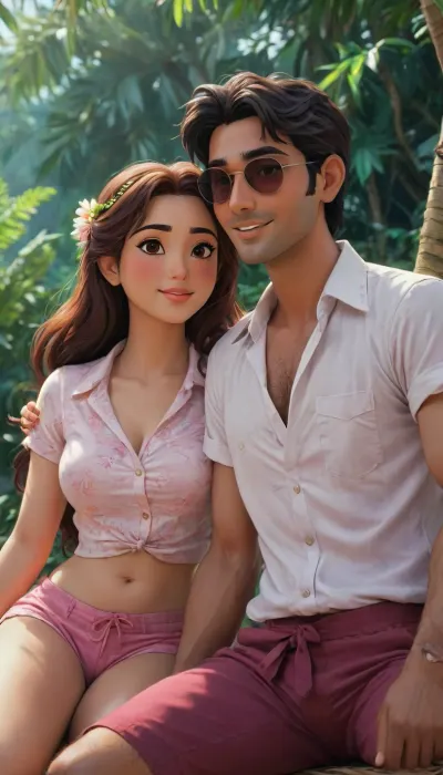 A anime illustration of an, (indian couple), husband and wife, detailed anime style, soft muted colors, expressive anime textures, fine anime art, intricate shading., (The husband is wearing white Hawaiian Shirt, with maroon shorts, straw hat, sun glasses), (the wife wearing traditional pink churidar, with long Messy hairstyle, elegant and graceful), looking tender. Hugging each other, Lying forward in an sun lounger. Gentle, intimate pose, mild smile. Warm, emotional atmosphere, cinematic composition, artistic and aesthetic, j_cartoon, ac_neg1, <lora:J_cartoon:.6>