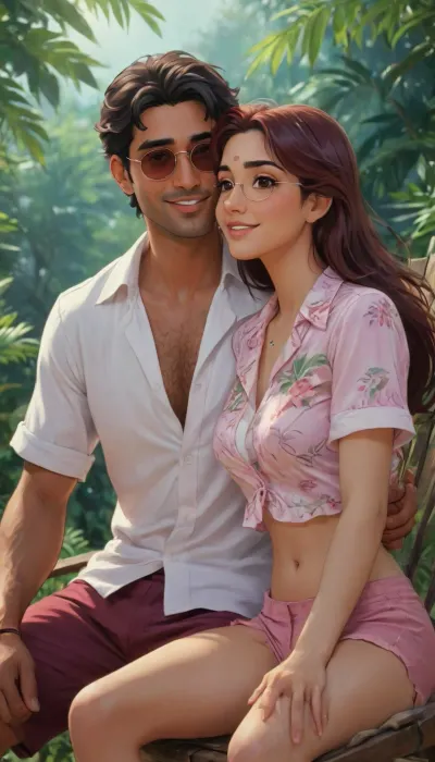 A anime illustration of an, (indian couple), husband and wife, detailed anime style, soft muted colors, expressive anime textures, fine anime art, intricate shading., (The husband is wearing white Hawaiian Shirt, with maroon shorts, straw hat, sun glasses), (the wife wearing traditional pink churidar, with long Messy hairstyle, elegant and graceful), looking tender. Hugging each other, Lying forward in an sun lounger. Gentle, intimate pose, mild smile. Warm, emotional atmosphere, cinematic composition, artistic and aesthetic, j_cartoon, zavy-ctflt, drawing, ac_neg1, <lora:J_cartoon:.6>, <lora:zavy-ctflt-sdxl:.6>