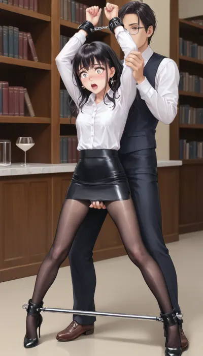 Black pantyhose, black hair male fingering through clothes, male hand in female panties, standing, x-cross bondage, spreader bar, spread arms, spread legs, library background, (Comfyui with controlnet), Model, arms up, A petite blonde haired woman in stocks pose, white collared shirt, black pencil skirt, mini skirt, a look of shock, iron cuffs on wrists and ankles, shocked female, normal eye size, <lora:BondageXcrossV1--In Stocks Pose:.5>