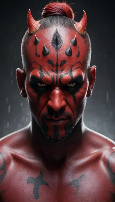 dark, ginger, demon, (portrait of Darth Maul from star wars:2), Close up, angry, fire, best quality, masterpiece, muscular body, 18yo, black hair, ((wide eyed:1.7)), ((shout:1.7)), fit, [abs], standing, looking at viewer, approaching perfection, dynamic pose, view 3/4, (highly detailed, artstation, concept art), sharp focus.

RAW photo, light rays, highly detailed, melting skin, sacred geometry, surreal futurism, mysticism, a lot of hair, a whirlpool of the finest transparent beautiful smoke, hyper-detailed face, professional photo, realistic, high resolution.

On black Background, (heavy mist:2), dark gritty aesthetics, futuristic elements, sense of oppressive atmosphere, rich, Deep shadows, somber, obscure, Wide angle, enhanced details, Cool bright fluoriscent light inside the shooting range, dim warm colorful light outside the shooting range. Strong side neon red and blue light. Ambient UV light.

Photo of the most beautiful artwork in the world, professional majestic photography, artstation, concept art, amazing quality, ultra detailed, Super realism, cinematic, clear image.

64K, HDR, UHD, film_grain, score_9, score_8_up, score_7_up, score_6_up, score_5_up, score_4_up, Ultra-high resolution, Super high resolution, Professional quality, Hyper-detailed, Photorealistic, Photography realistic, Hyperrealistic, Golden ratio.

Leica M10, dslr, Wide-Angle Lens 35mm, Portrait, ((close up)), ((sharp focus on face:1)), (masterpiece:1.9), (hyperdetailed, highest detailed:1), high resolution textures, Darth, Maul, <lora:Darth_Maul:2>