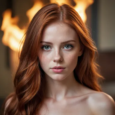 young girl face, nude, long red hair