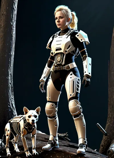 Modern colored pencil sketch {, (full body:1.2), ((Post-apocalyptic dead forest)), (female inventor:1.3), (in exoskeleton:1.7), blonde, pigtails, armor, rifle, (black background:1.1), cyber decorations on face, ((determined expression:1.1)), (realistic details:1.2), highly detailed, skin texture, fabric texture, metal texture, volumetric lighting, bright lighting, dead forest, cinematic lighting, (rendered in Octane:1.1), Unreal Engine 5, 8k, photorealistic, high quality, (photography:1.1), }, contrast, tone, texture, details, stylish, elegant