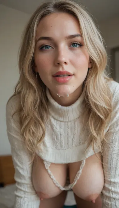 Woman 25s, pale skin, ((close-up face view)), dynamic angle, (flaccid circumcised cock next to face), dripping cock, cum on face, cum in hair, happy, (blonde), long hair, white knitted sweater, ((sweater pulled up over boobs)), ((boobs hanging out from under sweater)), naked breasts, yoga hall, modern aesthetic, very detailed