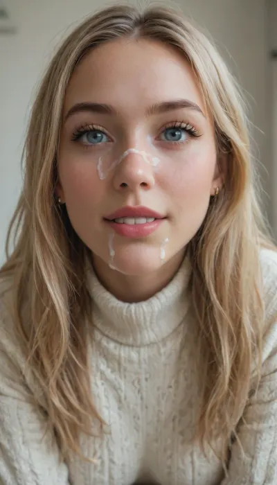 Woman 25s, pale skin, ((close-up face view)), dynamic angle, (flaccid circumcised cock next to face), dripping cock, cum on face, cum in hair, happy, (blonde), long hair, white knitted sweater, ((sweater pulled up over boobs)), ((boobs hanging out from under sweater)), naked breasts, yoga hall, modern aesthetic, very detailed