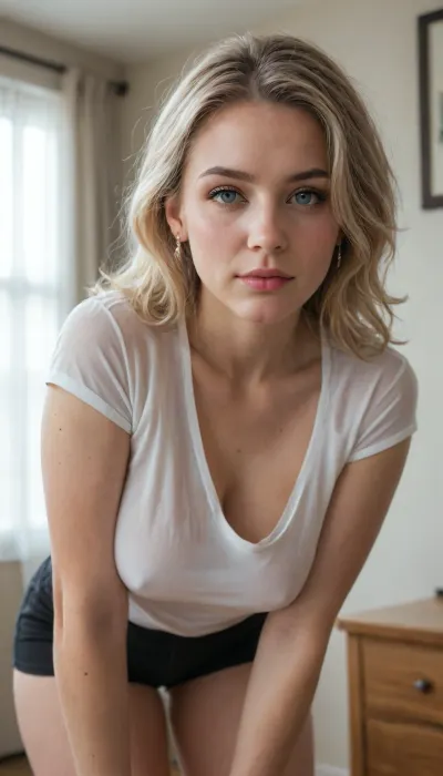 18 years old woman bending forward with tight black shorts, and white shirt, her boobs are seen through the shirt.
front body towards viewer
small_body