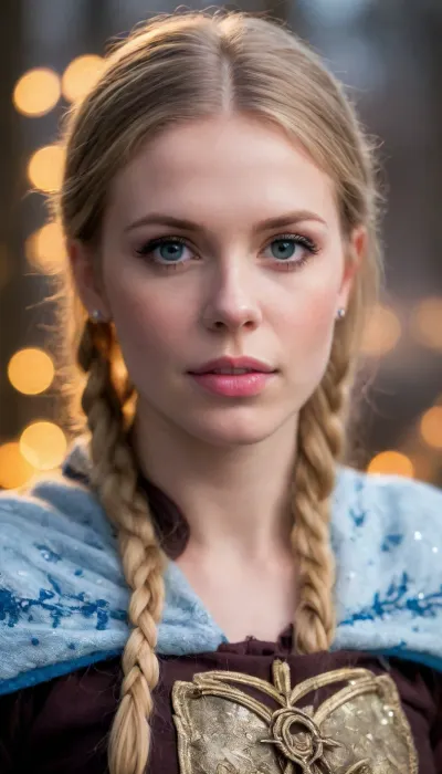 A fiercely proud Nordic girl stands, her presence exuding unwavering strength. Her blonde braids cascade down her back, framing a face marked by determination and resilience. This stunning portrait captures her piercing blue eyes, reflecting the icy landscapes of her homeland. The intricate details of her embroidered Viking armor and fur-lined cloak speak of her warrior spirit. This high-quality painting seamlessly combines power and grace, drawing the viewer into the captivating story of a fierce Nordic warrior princess. body manipulations, divine proportion, non-douche smile, gaze into the camera, holographic shimmer, whimsical lighting, enchanted ambiance, soft textures, imaginative artwork, ethereal glow, silent Luminescence, whispering Silent, iridescent Encounter, vibrant background, full body, (((rule of thirds))), high quality, high detail, high resolution, (bokeh:2), backlight, (long exposure:2)