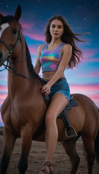 Photo 25 years old, full length, beautiful face, long hair, top and shorts, solo, slight smile, PENeonUV, black light, neon. Riding a horse formed from flickering LED filaments, galloping across a pixelated polar sky. portrait three-quarters front side