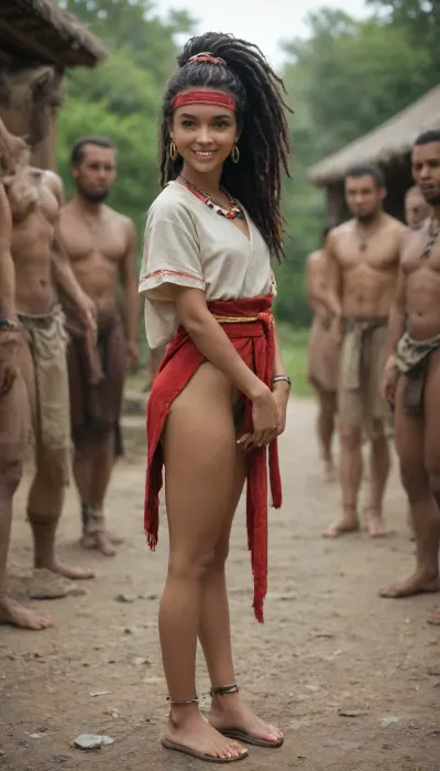 Young girl, slim body, detailed sexy legs, medium chest, skin tight kimono opened, Japanse queen jewelry, long massive dreadlocks hair, very light platinum blond, Japanse headband, big smile, barefoor, ankle bracelet, side view, one foor up behind her, cute little butt, gorgeous young face, very cute, youthful, at the African tribe, tribe, necklace, happy and excited, other tribal people strong with massive cock seeing girl