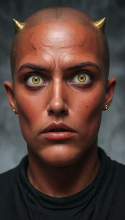dark, ginger, demon, solo, African American, (portrait of 1Boy_Darth_Maul:2), from star wars, nude body, fire, best quality, masterpiece, muscular body, 18yo, bald, ((dark, ginger, red skin face)), ((body skin dark pattern)), ((wide eyed:1.7)), dark skin, African features, makeup, eyeshadow, yellow artificial eyes, glowing eyes, (((slit pupils))), detailed, thoughtful, sad, science fiction, 64k, HDR, UHD, ((bright yellow eyes)), ((glossy eyes:1.5)), (((detailed, visible, small yellow horns around the scull))), fit abs, standing, looking at viewer, approaching perfection, dynamic pose, full body view, highly detailed, artstation, concept art, sharp focus., (Beard:.1), (Moustache:.1), RAW photo, light rays, melting skin, sacred geometry, surreal futurism, mysticism, a lot of hair, a whirlpool of the finest transparent beautiful smoke, hyper-detailed face, professional photo, realistic, high resolution.

On black Background, (heavy mist:2), dark gritty aesthetics, futuristic elements, sense of oppressive atmosphere, rich, Deep shadows, somber, obscure, Wide angle, enhanced details, Cool bright fluorescent light inside the shooting range, dim warm colorful light outside the shooting range. Strong side neon red and blue light. Ambient UV light.

Photo of the most beautiful artwork in the world, professional majestic photography, amazing quality, ultra detailed, Super realism, cinematic, clear image.

64K, film_grain, score_9, score_8_up, score_7_up, score_6_up, score_5_up, score_4_up, Ultra-high resolution, Super high resolution, Professional quality, Hyper-detailed, Photorealistic, Photography realistic, Hyperrealistic, Golden ratio.

Leica M10, dslr, Wide-Angle Lens 35mm, ((close up)), ((frome above:1.2)), ((sharp focus on face:1)), (masterpiece:1.9), (High-angle perspective:1.2), front distant full figured view, (hyperdetailed, highest detailed:1), high resolution textures, Darth, Maul, (sharp focus on face), detailxl, <lora:add-detail-xl:2>, <lora:xl_more_art-full_v1:2>, <lora:SDXLFaeTastic2400:2>, <lora:Darth_Maul:2>