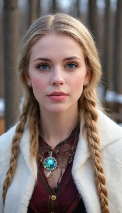 A fiercely proud Nordic girl stands, her presence exuding unwavering strength. Her blonde braids cascade down her back, framing a face marked by determination and resilience. This stunning portrait captures her piercing blue eyes, reflecting the icy landscaps of her homeland. The intricate details of her embroidered Viking armor and fur-lined cloak speak of her warrior spirit. This high-quality painting seamlessly combines power and grace, drawing the viewer into the captivating story of a fierce Nordic warrior princess. body manipulations, divine proportion, non-douche smile, gaze into the camera, holographic shimmer, whimsical lighting, enchanted ambiance, soft textures, imaginative artwork, ethereal glow, silent Luminescence, whispering Silent, iridescent Encounter, vibrant background, full body, (((rule of thirds))), high quality, high detail, high resolution, (bokeh:2), backlight, (long exposure:2)