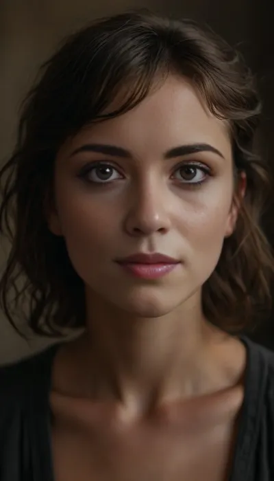 Portrait photo of a beautiful petite 18 year old girl, young female, light skin, neutral undertones, faint freckles across cheeks and nose, short dark brown wavy hair with side part, hair length above shoulders, (close set eyes:1.8), full dark brown eyebrows with soft natural arch, (round high cheekbones:1), (reduced eye size:1.7), slightly pronounced brow, slightly wide face, short vertical distance from eyes to chin, (short button nose:1.5), medium-full pink lips, rounded chin, defined jawline, (deep-set eyes:1.8), round face shaping, hyper-realistic, (realism:1.9), petite body, (Ultra detailed skin:1.5), (ultra high resolution:1.5), <lora:MJ52:.5>