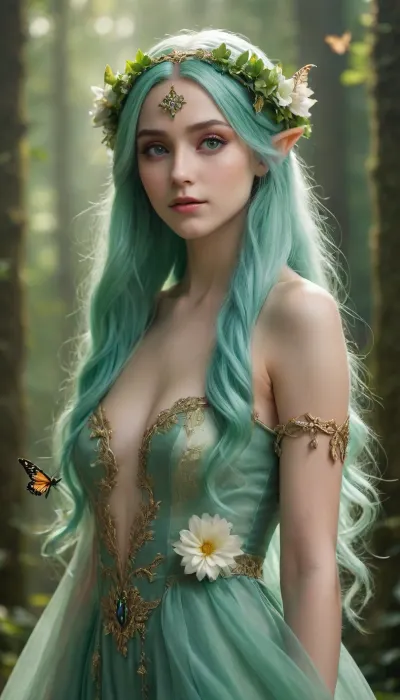 5000000002.1, A young elf with long, flowing green hair, adorned with delicate floral headpieces
A young, ethereal elf maiden with long, flowing, light green hair, adorned with delicate floral headpieces and butterfly wings. Her emerald green dress, detailed with light, shimmering embellishments, closely hugs her figure, showcasing her form in a stylized, anime-inspired fashion, with soft, diffused lighting and a dreamy, painterly aesthetic. PicLumen Fantasy nude