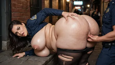 2 mem, 1 woman-two very old, skinny, ugly, angry police officers, (complete serious clothed in police uniform-not nude), men groping, grabbing and fingering a orgasm looking, Incredibly, extreme fat, obese, severe cellulite, fat round double chin face, heavy overweight, fat rolls, big, meaty ass, wide hips, thick tights, beautiful chubby ssbbw MILF in a dark corner of a dirty, devasteded public street, between a lot of garbage, at night.the Sexy, extreme fat ssbbw MILF wears an open coat, her panties pulling down, her underwear is torn, she has a hairy pussy, armpits and her fat legs are spread . She has Natural drooping breasts. Full lips, detailed eyes, long dark, straight black hair. She has a big fat belly with folds of fat and gets groped hard in her fat rolls belly by the horny, evil officers
close up, side view-extreme fat milf bends over
woman more fat, ssbbw !!!!!