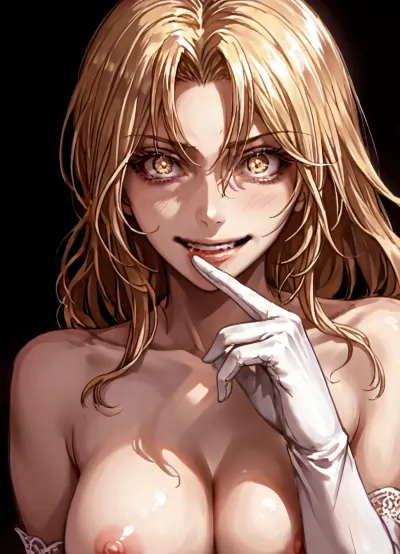 score_9_up, score_8_up, score_7_up, 1girl blonde_hair breasts cleavage elbow_gloves finger_to_mouth gloves hair_between_eyes large_breasts long_hair looking_at_viewer, (nude, naked), (one_eye_closed), parted_lips, (shushing), solo sparkling_eyes upper_body white_gloves yellow_eyes, (toaru_kagaku_no_mental_out toaru_kagaku_no_railgun toaru_majutsu_no_index, (((shokuhou_misaki)))), (((crazy))), psycho smile, lineart, SOTN, (<lora:sotn32:1.4>)