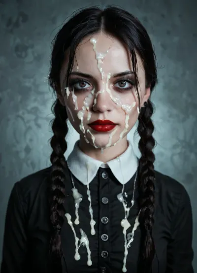 (detailed closeup:1.3), fuocus on eyes, facing camara, 1 girl solo, spooky moonlit mansion in distance, (intricate detailed Wednesday Addams face), intensely proud expression, (huge dark eyes with detailed black iris:1.2), dark blood red lipstick detailed high collar buttoned black gothic top, very long very thick black braided high pigtails hair, several strings of thick lumpy cum splashed across her face, (after extreme bukkake:1.5), cum on hair, (cum on high pigtails:1.3), high detail, sharp focus, perfect lighting, awesome, dslr, 4k high quality. extra detail, extra sharp, magical, perfect moment, natural skin, pores, (young), ohwx, woman, <lora:ortega_sdxxxl_dh128_v1:.8>