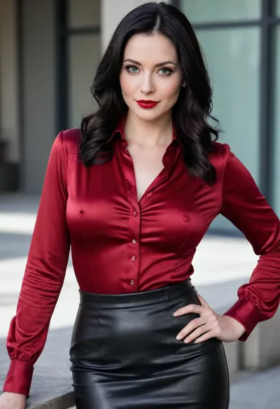slight smile, raven hair, flowing black hair, beautiful face, pale skin, red lipstick, maroon satin blouse, shiny blouse, maroon satin, dark-red blouse, black leather pencil skirt, pencil skirt, black tights, open blouse, undone blouse, blouse undone, blouse open, boobs showing, tits out