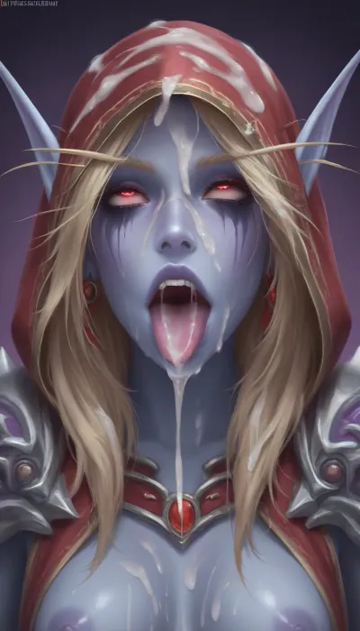 Sylvanas Windrunner, ahegao, (rolling eyes), tongue, excessive cum, front view, cum on hair, orgasmface