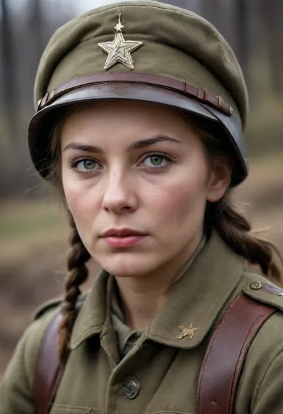 WWII soviet female soldier, very well defined insanely detailed ultra high quality, half body