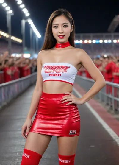 "slim asian Race Queen posing confidently at a racetrack, wearing a sexy and stylish outfit, (slim waist:1.8), a tight, glossy crop top with bold sponsor logos, (paired with an ultra-short red mini skirt. She has on thigh-knee platform boots with high heels:1.8), Fishnet stockings peek out between her skirt and boots. Her long, black wavy hair flows down her shoulders, and she wears dramatic makeup—smoky eyes, glossy lips, and shimmering highlighter. The background features a blurred racetrack with speeding cars, neon lights, (and cheering crowds." full shot:1.8), (small breast:1.7), (full body view:1.8), (rear view:1.8), (knee socks:1.7), (view from floor:1.8)