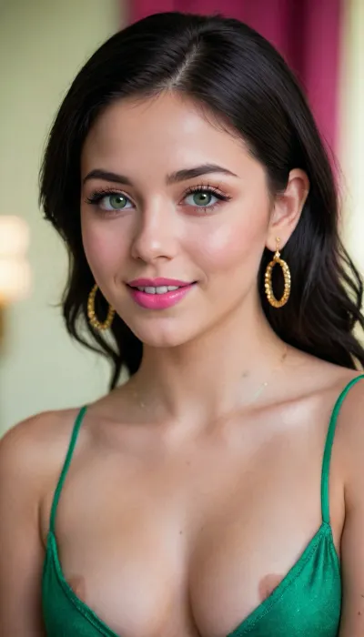 18 year old, black hair, pink lipstick, green eyes, gold loop earrings, intimate pose, shy smile, nipple rings, belly ring