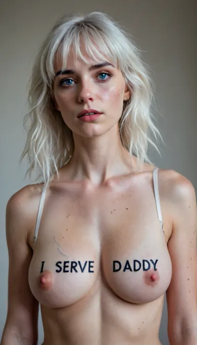 full body shot, ((("I SERVE DADDY" written over chest))), woman standing gracefully, Soft natural lighting, neutral background, serene facial expression, fine art photography style, tasteful and respectful, woman, blue eyes, messy mascara, messy makeup, long lashes, (((white hair short messy bangs))), freckles on face, greek nose, collar bdsm, hairy pussy, <lora:BetterTextRedmond:1.6>