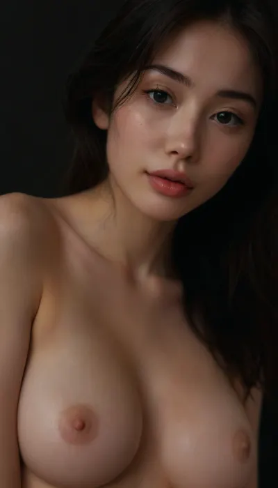 ziprealism, (24yo woman, sensual intimate esthetic, adorable Japanese woman, bashful pose, soft smile:1.8), (f/2.8, shallow depth of field), (medium full shot, Dutch Angles, lips focus:1.2), (glossy black hair, dark full eyebrows:1.4), (loosely falling hair, loose hair obscuring face, loose hair hiding eyes:1.6), (full lips, soft pillowed lips, moist glossy lips, lips parted, hot breath, natural skin texture, flawless pale skin:1.4), (large teardrop breasts, pale nipples, slender waist:1.8), igbaddie, (dark scene, chiaroscuro, black background:1.6), <lora:style_lora_realis:.4>, <lora:igbaddie-XL:.4>, <lora:zavy-cntrst-sdxl:1.2>