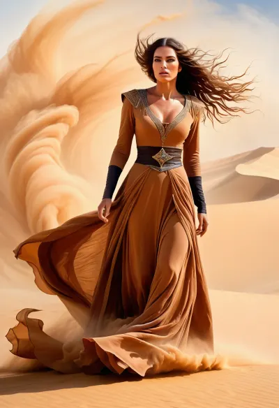 Modern colored pencil sketch {Queen of the desert winds, (a strong sandstorm:1.4), ((a witch emerges from the sandstorm)), the wind lifts the sand, swirls it around, she is majestically beautiful}. colored, contrast, tone, texture, details, stylish, elegant