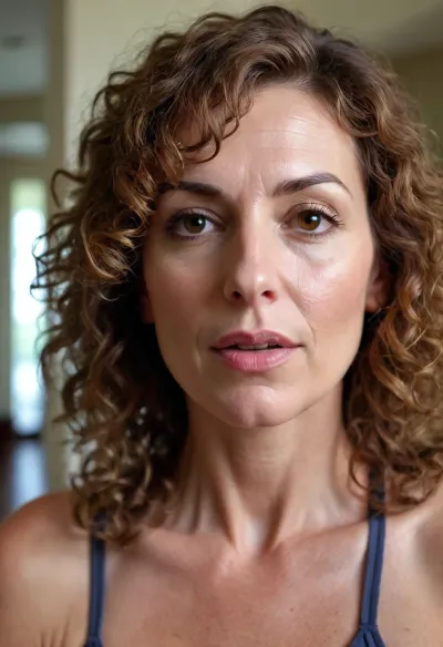 beautiful sexy slender 49 years old brown haired woman no makeup, Brown eyes, curly hair, 2/4 blowjob, driverblowjob, focus pov, erection.